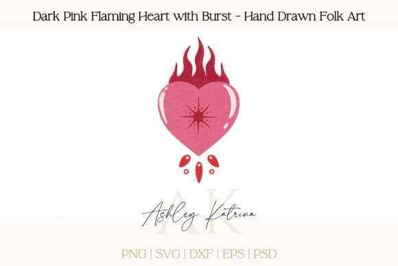 Download Dark Pink Flaming Heart Burst - Folk Art - Dark pink Collection