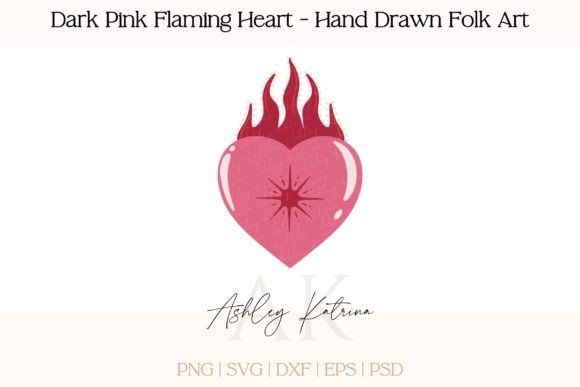 Download Dark Pink Flaming Heart - Folk Art - Dark pink Collection