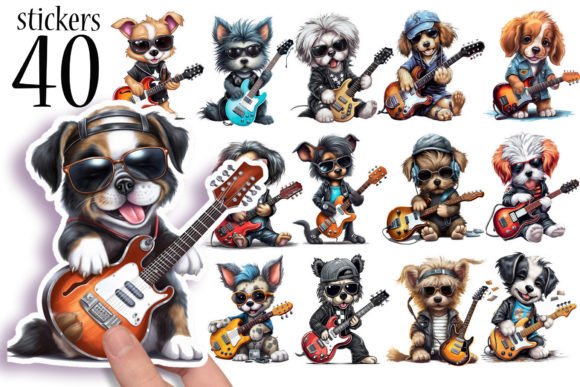 Download Cute Dogs Playing Guitar Music Stickers - Stickers Collection